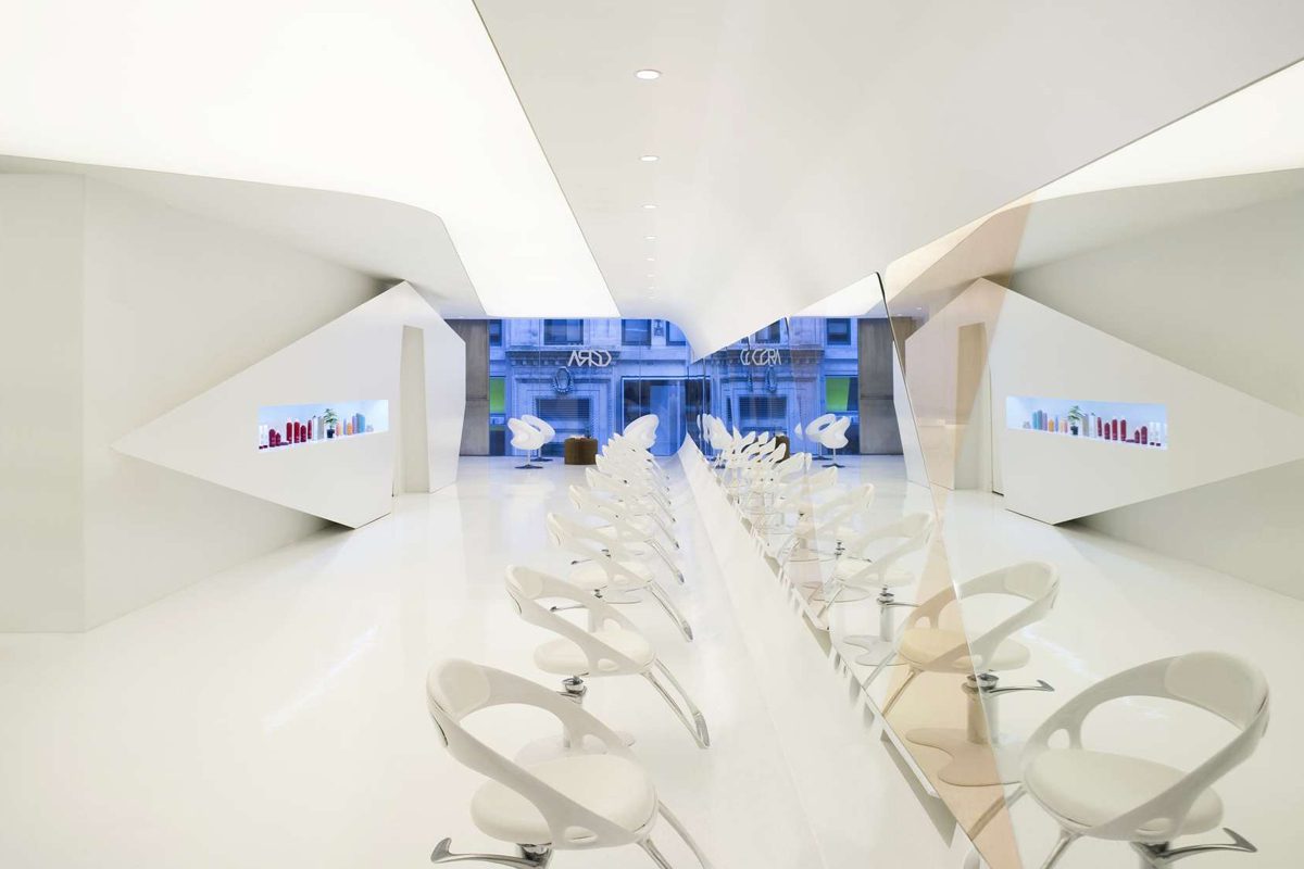 Futuristic white interior with curved design