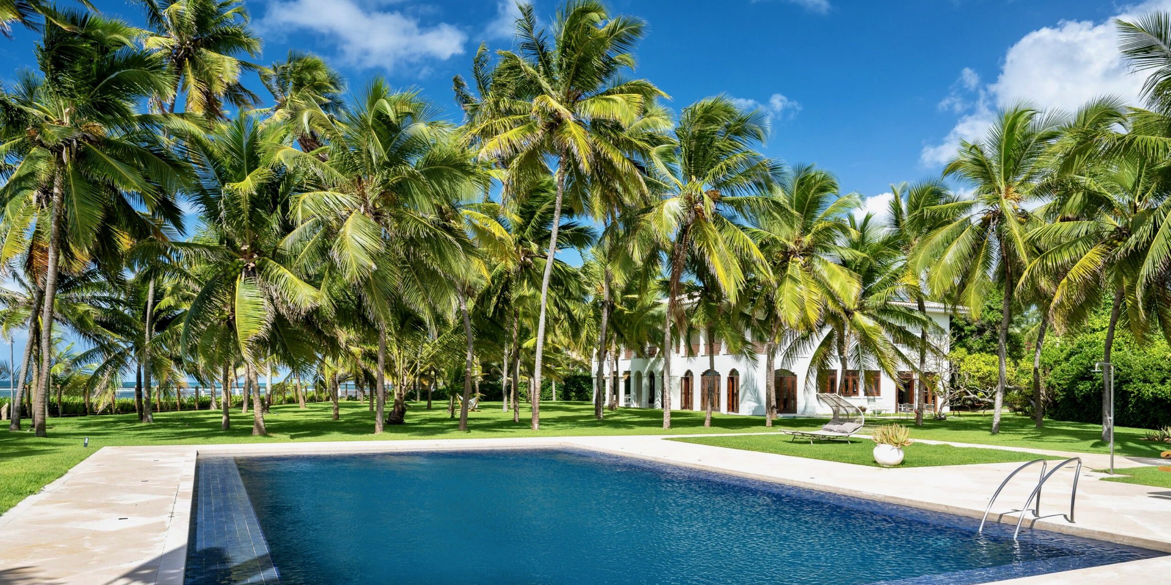 Tropical luxury villa with palm trees and swimming pool