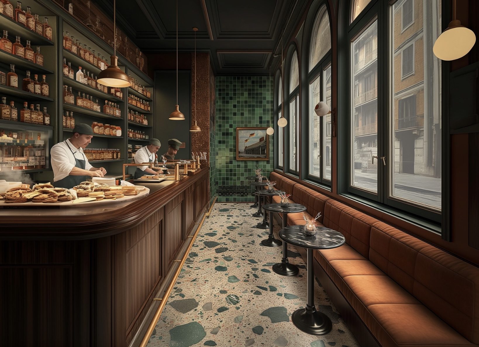 Elegant restaurant interior with bar seating and patterned tile flooring