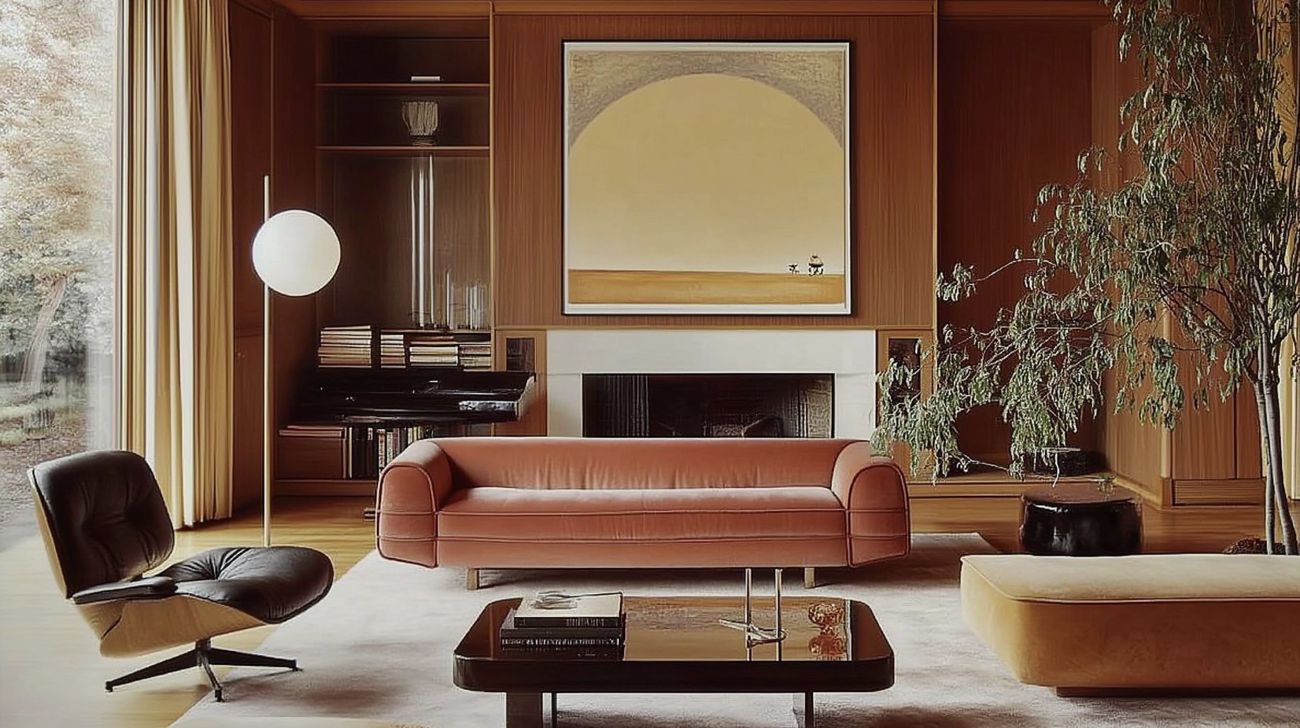 Warm living room with leather sofa