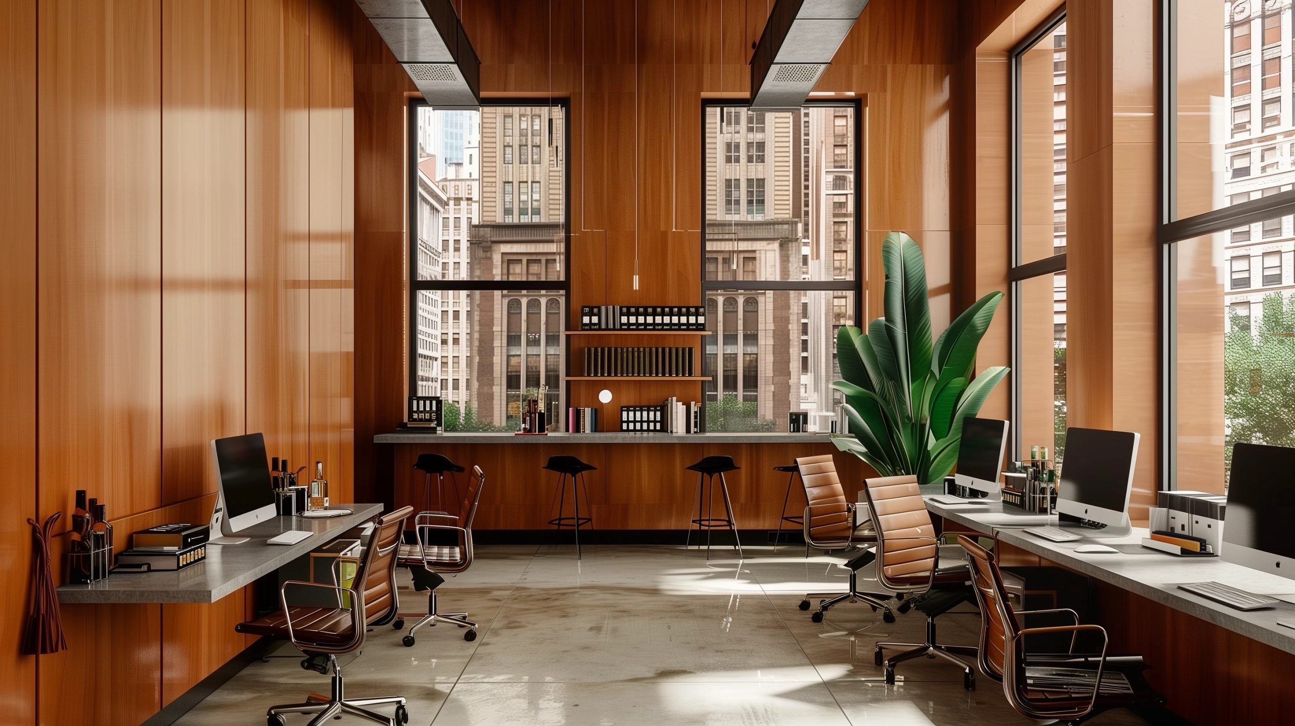 Executive office with desk and city view