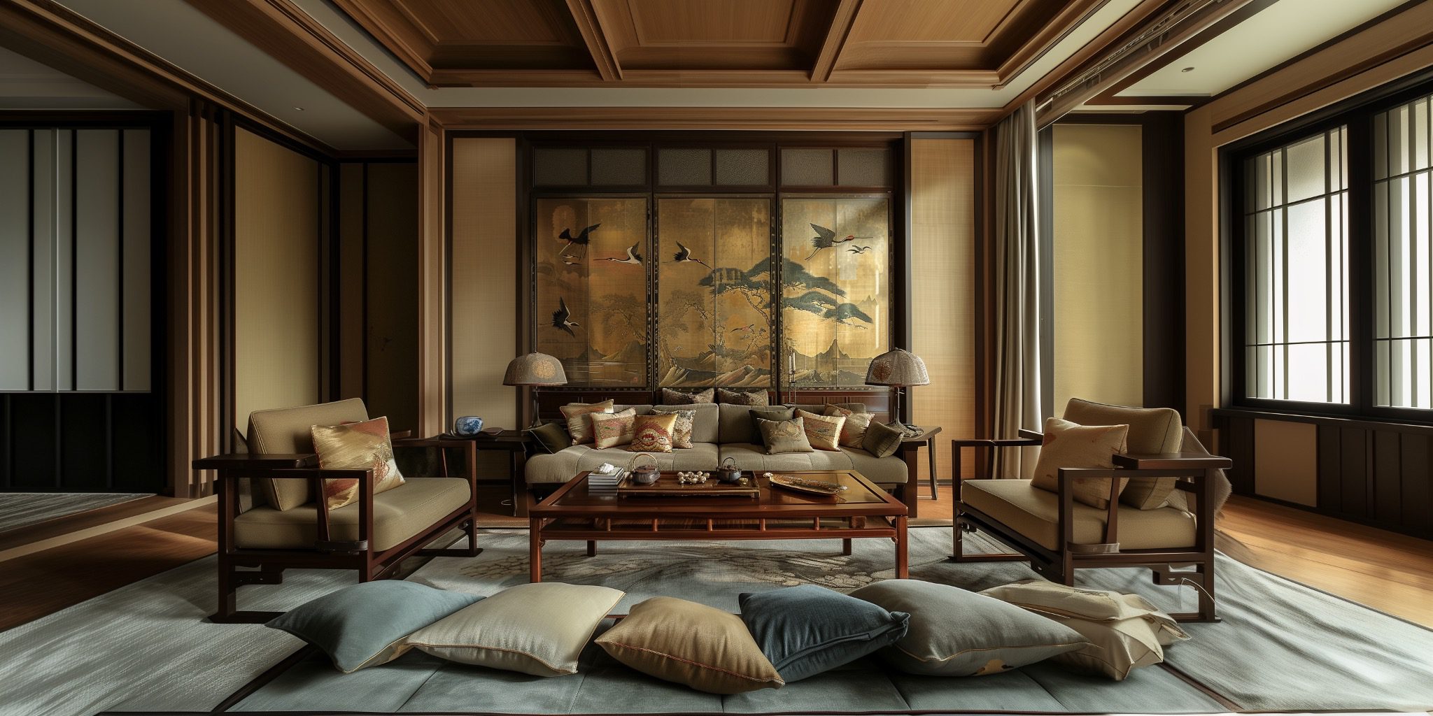 Luxurious bedroom with low seating and Asian-inspired decor