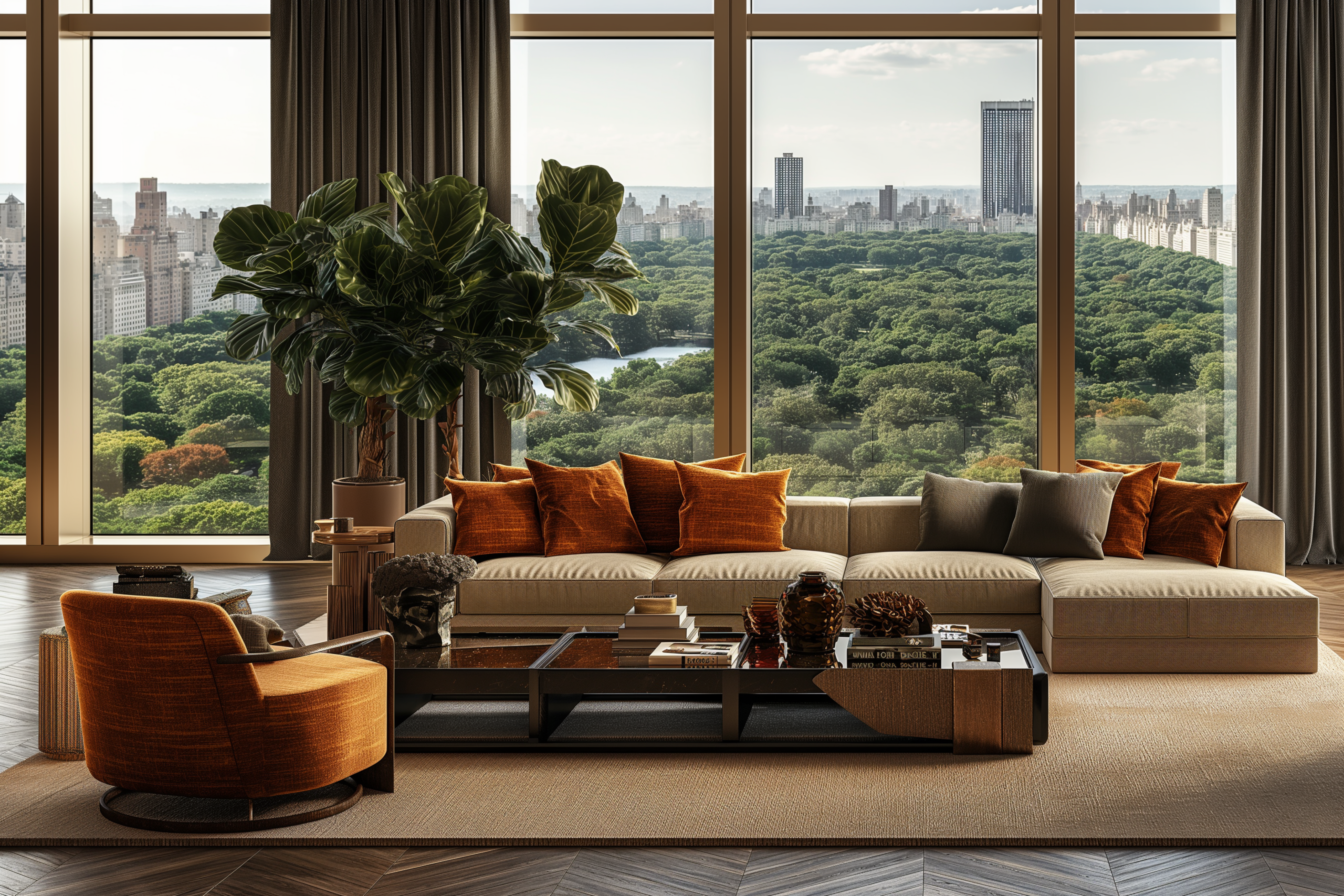 Luxury living room with large windows and city skyline view