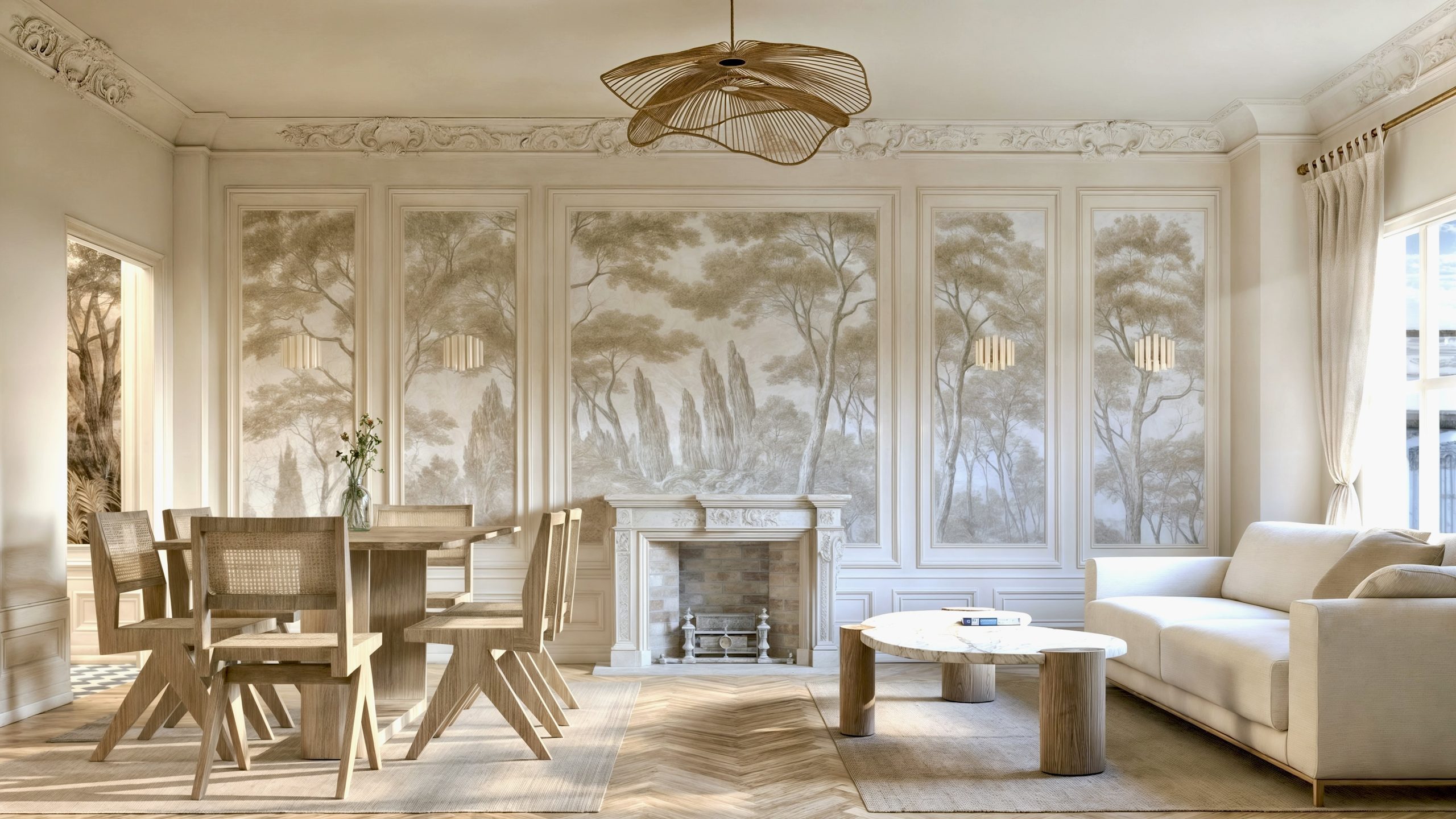 Classic room with ornate wall moldings and fireplace