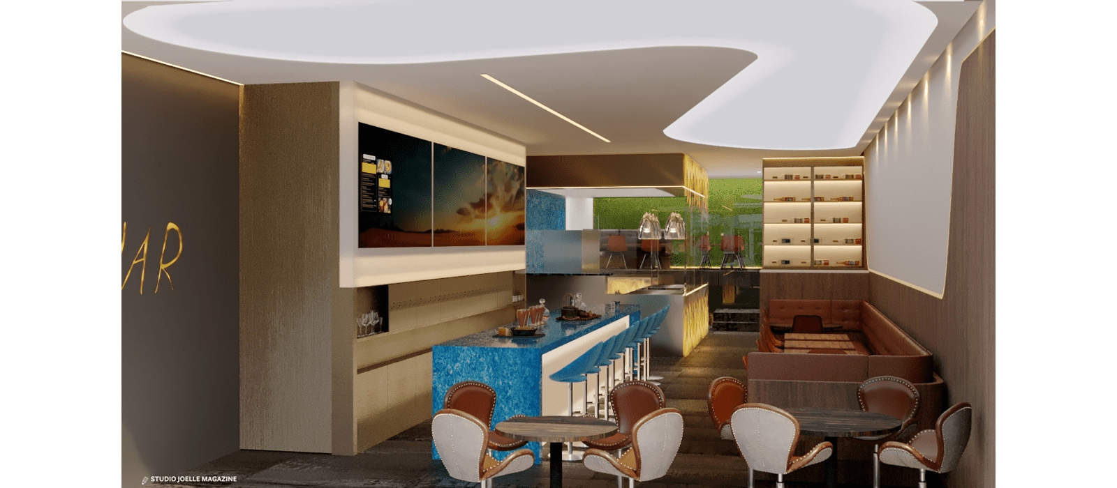 Contemporary open-plan living and dining area with colorful accents